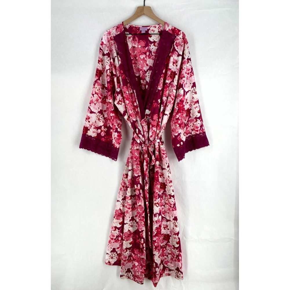 Amoureuse Sleepwear Robe Womens 2X 26/28 Multicolr Floral Lace Silky Tie Waist